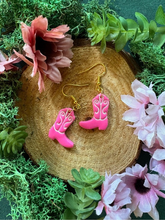 Handmade Jewelry - Handmade Polymer Clay Gold Colored Hot Pink Cowboy Boot Earrings